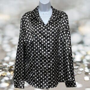 George-Women's XL Long Sleeve Button Top Polk Dot Collared V-Neck Light Weight